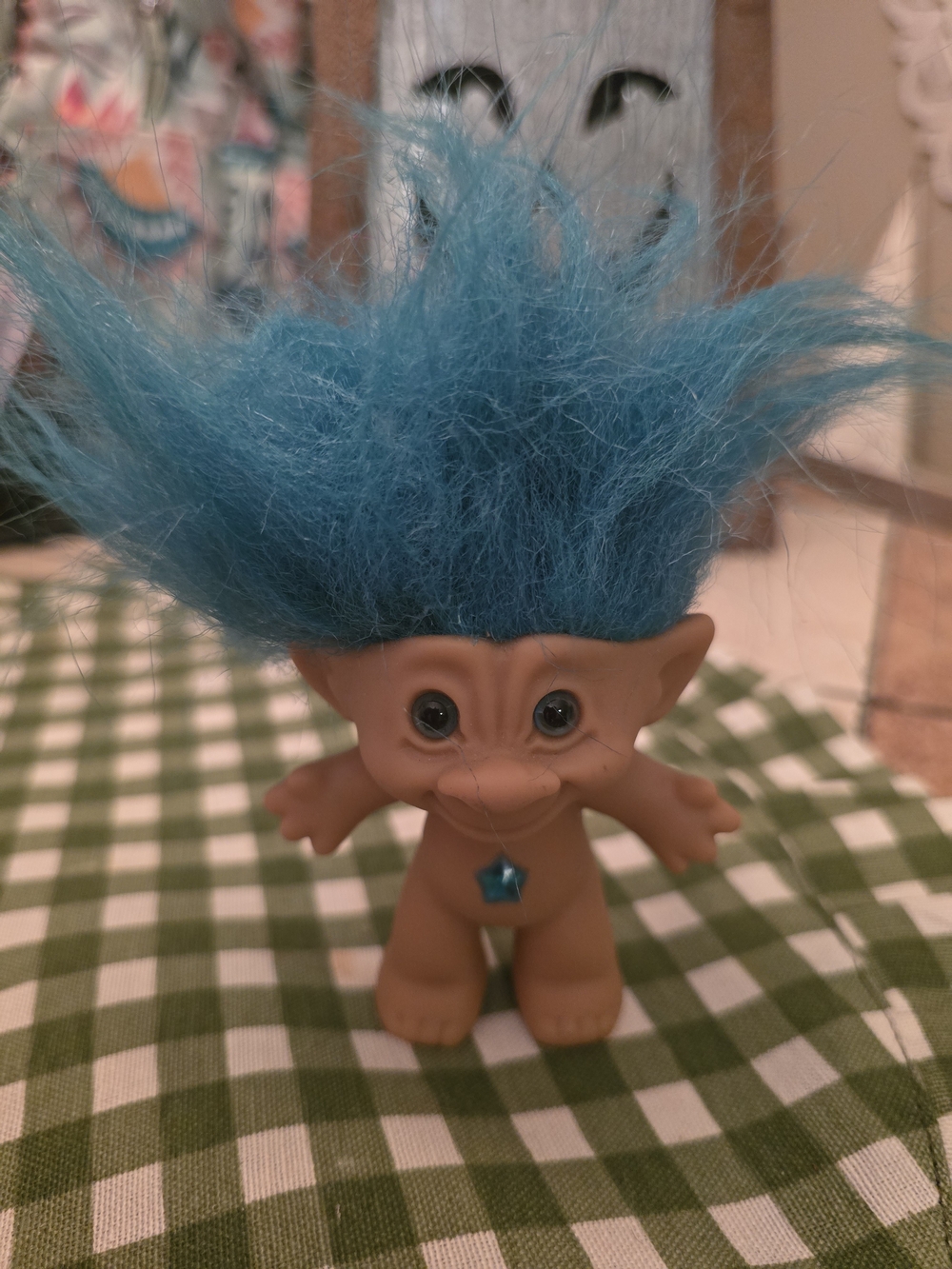 Vintage Ace Novelty Treasure Troll Doll, Aqua Blue Hair, Teal Blue Star Jewel